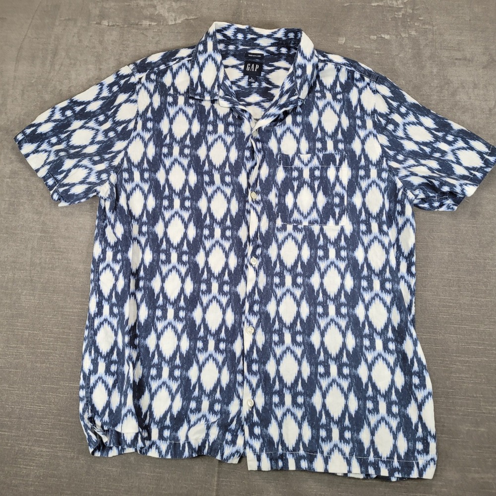 GAP Mens Y2K Linen Blend Short‎ Sleeve Button Up Shirt Indigo Ikat Print Size L